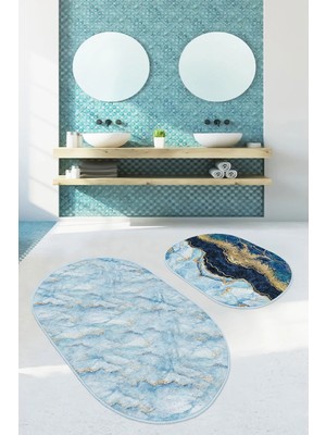 Rem Home Remhome Mavi Mermer Motifli Dijital Baskılı 2'li Oval Kaymaz Tabanlı Banyo & Mutfak Paspas Takımı Takım Banyo Paspası