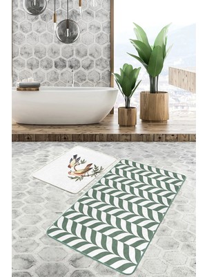 Rem Home Remhome Kırlangıç Motifli Yeşil Ebru Sanatı Özel Tasarım 2'li Paspas Klozet Takımı Takım Banyo Paspası