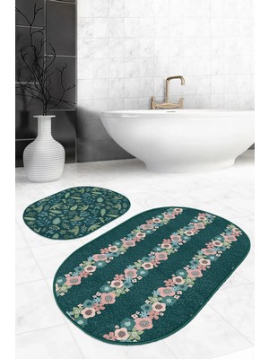 Rem Home Remhome Siyah Zemin Üzerinde Renkli Çiçek Desenli 2'li Oval Kaymaz Tabanlı Banyo & Mutfak Paspas Takımı Takım Banyo Paspası