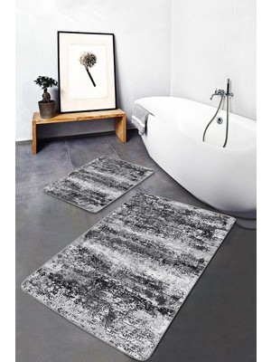 Rem Home Remhome Siyah - Beyaz Zeminde Kanvas Motifli Eskitme Desenli Eskitme Motifli Modern 2'li Banyo Paspas Takımı Takım Banyo Paspası