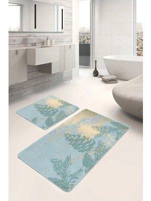 Rem Home Remhome Renkli Zemin Gold Mermer Detaylı Çam Tasarımlı 2'li Kaymaz Tabanlı Banyo & Mutfak Paspas Takımı Takım Banyo Paspası