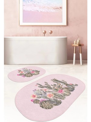 Rem Home Remhome Pembe Zemin Kaktüs Özel Tasarımlı 2'li Oval Kaymaz Tabanlı Banyo & Mutfak Paspas Takımı Takım Banyo Paspası