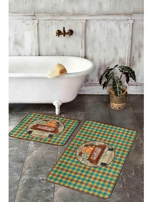 Rem Home Remhome Kabak Temalı Ekose Tasarımlı 2'li Klozet Paspas Takımı & Banyo Paspas Seti Takım Banyo Paspası