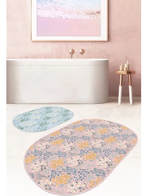 Rem Home Remhome Renkli Zeminde Onedraw Çizimli Çiçek Desenli 2'li Oval Kaymaz Tabanlı Banyo & Mutfak Paspas Takımı Takım Banyo Paspası