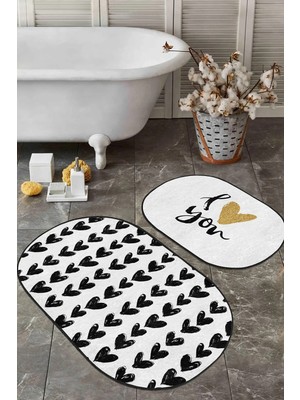 Rem Home Remhome I Love You Kalp Motifli 2'li Oval Kaymaz Tabanlı Banyo & Mutfak Paspas Takımı Takım Banyo Paspası