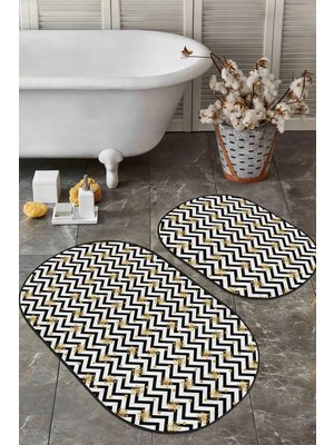 Rem Home Remhome Siyah Beyaz Zigzag Gold Detaylı Kar Taneleri 2'li Oval Kaymaz Tabanlı Banyo & Mutfak Paspas Takımı Takım Banyo Paspası