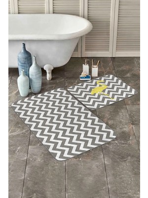 Rem Home Remhome Gri Zigzag Motifli Dijital Baskılı Flamingo Motifli 2'li Kaymaz Tabanlı Banyo & Mutfak Paspas Takımı Takım Banyo Paspası