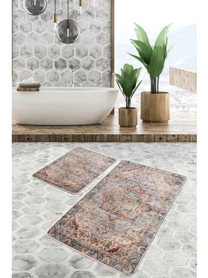 Rem Home Remhome Krem Zeminde Eskitme Motifli Göbekli Halı Desenli Avangarde Eskitme Motifli 2'li Banyo Paspas Takımı Takım Banyo Paspası