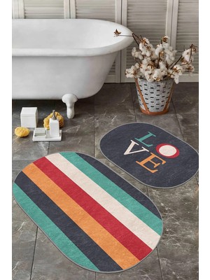 Rem Home Remhome Renkli Love Temalı Renkli Çizgili 2'li Oval Kaymaz Tabanlı Mutfak Paspas Seti & Banyo Halı Takımı Takım Banyo Paspası
