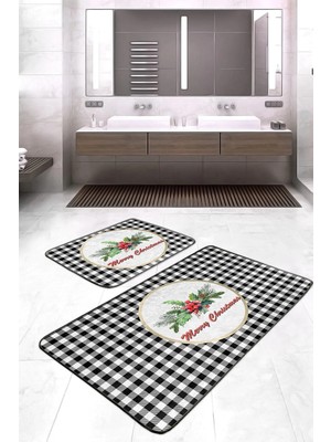 Rem Home Remhome Siyah Ekose Mery Christmas Motifli 2'li Banyo Paspas Takımı & Klozet Paspas Takımı Takım Banyo Paspası