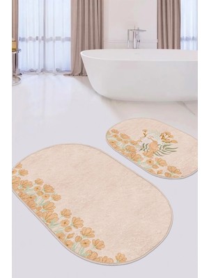 Rem Home Remhome Pembe Zemin Papatya Motifli 2'li Oval Kaymaz Tabanlı Mutfak Halı Seti & Banyo Paspas Takımı Takım Banyo Paspası