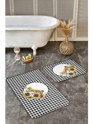 Rem Home Remhome Ekose Siyah Beyaz Tasarımlı 2'li Banyo Halı Seti & Klozet Paspas Seti Takım Banyo Paspası