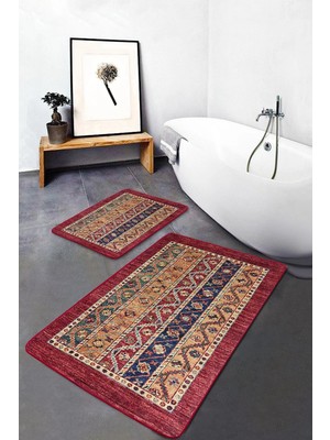 Rem Home Remhome 2li Set Kırmızı Zeminde Etnik Motifli Uşak Desenli Avangarde Etnik Motifler 2'li Banyo Paspas Takımı Takım Banyo Paspası