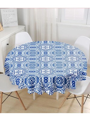Rem Home Remhome Beyaz Zeminli Çini Desenli Dijital Baskılı Modern Yuvarlak Masa Örtüsü - Çap 140CM 140 x 140 cm