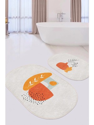 Rem Home Remhome Onedraw Tasarımlı Dijital Baskılı 2'li Oval Kaymaz Tabanlı Banyo & Mutfak Paspas Takımı Takım Banyo Paspası
