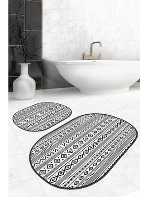 Rem Home Remhome Geometrik Çizgili Iskandinav Temalı 2'li Oval Kaymaz Tabanlı Banyo & Mutfak Paspas Takımı Takım Banyo Paspası