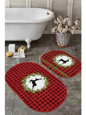 Rem Home Remhome Kırmızı Ekose Motif Yılbaşı Temalı Geyik Tasarım 2'li Oval Kaymaz Tabanlı Banyo & Mutfak Paspas Seti Takım Banyo Paspası