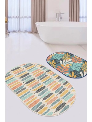 Rem Home Remhome Renkli Tropik Yaprak Tasarımlı Dijital Baskılı 2'li Oval Kaymaz Tabanlı Banyo & Mutfak Paspas Takımı Takım Banyo Paspası
