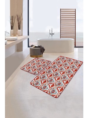 Rem Home Remhome Kırmızı Suluboya Motifli 2'li Mutfak Paspas Seti & Banyo Halı Takımı Takım Banyo Paspası