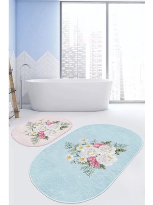 Rem Home Remhome Açık Mavi & Pembe Gül Demeti Desenli 2'li Oval Kaymaz Tabanlı Banyo & Mutfak Paspas Takımı Takım Banyo Paspası