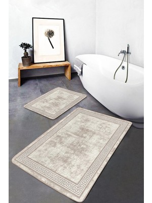 Rem Home Remhome Krem - Bej Zeminde Çerçeveli Motifli Antik Eskitme Motifli Geometrik 2'li Banyo Mutfak Paspas Takımı Takım Banyo Paspası
