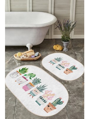 Rem Home Remhome Sevimli Saksılı Çiçekler Özel Tasarım 2'li Oval Banyo Paspas Seti & Mutfak Paspas Takımı Takım Banyo Paspası