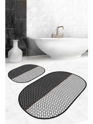 Rem Home Remhome Siyah Beyaz Ogea Motifli Dijital Baskılı 2'li Oval Kaymaz Tabanlı Banyo & Mutfak Paspas Takımı Takım Banyo Paspası