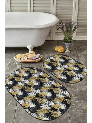 Rem Home Remhome Gold Detalı Siyah Beyaz Tropik Yapraklar 2'li Oval Kaymaz Tabanlı Banyo & Mutfak Paspas Takımı Takım Banyo Paspası