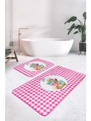 Rem Home Remhome Pembe Ekoseli Özel Tasarım 2'li Banyo Paspas Takımı & Mutfak Paspas Seti Takım Banyo Paspası