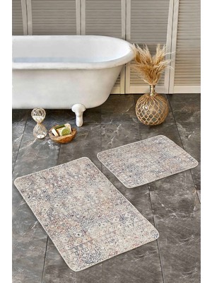 Rem Home Remhome 2'li Set Krem Zeminde Bohem Motifli Eskitme Desenli Etnik Motifler Vintage 2'li Banyo Paspas Takımı Takım Banyo Paspası