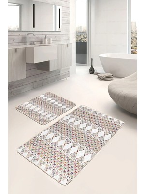 Rem Home Remhome 2'li Set Beyaz Zeminde Etnik Motifli Kilim Desenli Geometrik Etnik Motifler 2'li Banyo Paspas Takımı Takım Banyo Paspası