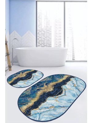 Rem Home Remhome Mavi Lacivert Mermer Tasarımlı Dijital Baskılı 2'li Oval Kaymaz Tabanlı Banyo & Mutfak Paspas Takımı Takım Banyo Paspası