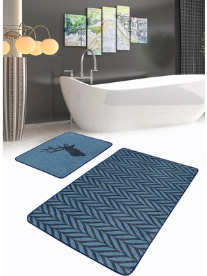 Rem Home Remhome Lacivert Ebru Sanatı Çizimli Geyik Motifli 2'li Banyo Halı Takımı & Klozet Paspas Seti Takım Banyo Paspası