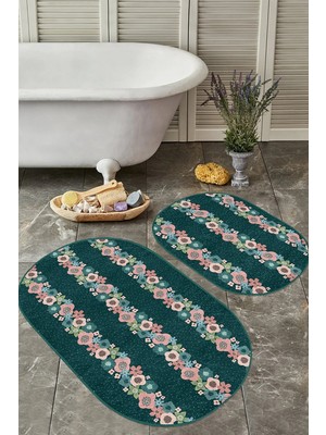 Rem Home Remhome Yeşil Zemin Tropik Çiçek Motifli 2'li Oval Kaymaz Tabanlı Banyo & Mutfak Paspas Takımı Takım Banyo Paspası
