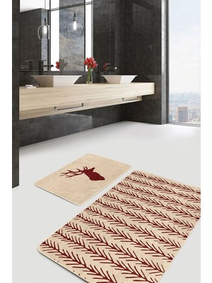Rem Home Remhome Krem Zeminli Geyik Motifli 2'li Mutfak Paspas Seti & Banyo Paspas Takımı Takım Banyo Paspası
