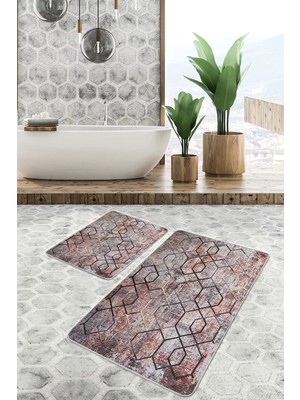 Rem Home Remhome Eskitme Zeminde Geometrik Motifli Kanvas Eskitme Motifli Geometrik 2'li Banyo & Mutfak Paspas Takımı Takım Banyo Paspası