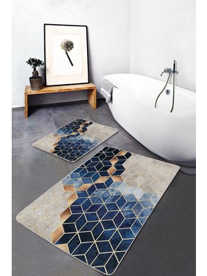 Rem Home Remhome 2'li Set Lacivert - Gold Zeminde Mozaik Motifli Mermer Geometrik Klasik 2'li Banyo Paspas Takımı Takım Banyo Paspası