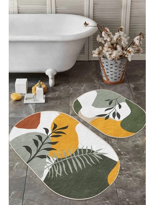 Rem Home Remhome Soyut Renkli Zemin Tropik Yaprak Özel Tasarım 2'li Oval Kaymaz Tabanlı Banyo & Mutfak Paspas Takımı Takım Banyo Paspası