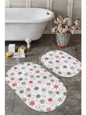 Rem Home Remhome Kırmızı Gri Kar Taneleri Özel Tasarım 2'li Oval Kaymaz Tabanlı Banyo & Mutfak Paspas Takımı Takım Banyo Paspası
