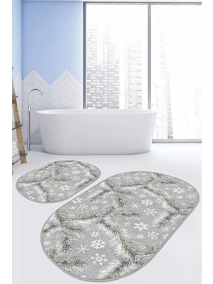 Rem Home Remhome Gri Zemin Çam Yaprakları Kar Taneleri Özel Tasarım 2'li Oval Kaymaz Taban Banyo & Mutfak Paspas Seti Takım Banyo Paspası
