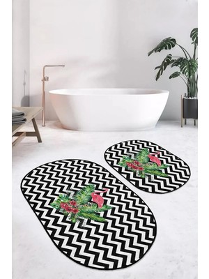Rem Home Remhome Çok Zigzag Motifli Flamingo Tasarımlı 2'li Oval Kaymaz Tabanlı Banyo & Mutfak Paspas Takımı Takım Banyo Paspası