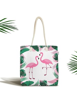 Rem Home Remhome Tropik Yaprak Flamingo Özel Tasarımlı Dijital Baskılı Fermuarlı Kumaş Plaj Çantası Omuz Çantası