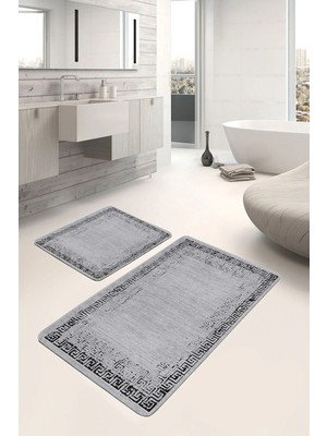 Rem Home Remhome Gri - Siyah Zeminde Çerçeveli Motifli Eskitme Eskitme Motifli Geometrik 2'li Banyo Paspas Takımı Takım Banyo Paspası