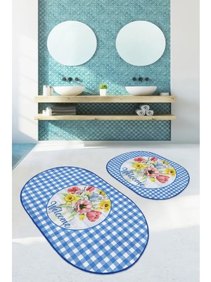Rem Home Remhome Welcome Temalı Mavi Ekoseli 2'li Oval Kaymaz Tabanlı Mutfak Paspas Takımı & Banyo Halısı Seti Takım Banyo Paspası