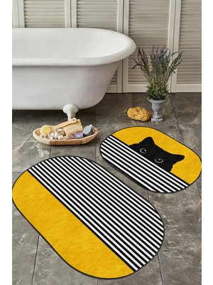 Rem Home Remhome Sarı Motifli Kedi Desenli Çizgili 2'li Oval Kaymaz Tabanlı Banyo Paspas Seti & Mutfak Halı Takımı Takım Banyo Paspası