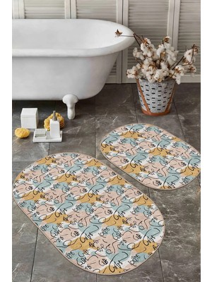 Rem Home Remhome Bohemian Motifli Özel Tasarım Dijital Baskılı 2'li Oval Kaymaz Tabanlı Banyo & Mutfak Paspas Takımı Takım Banyo Paspası