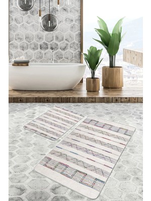 Rem Home Remhome 2'li Set Ekru Zeminde Etnik Motifli Vintage Etnik Motifler Sade & Şık 2'li Banyo Paspas Takımı Takım Banyo Paspası