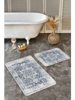 Rem Home Remhome Mavi Zeminde Eskitme Motifli Göbekli Halı Desenli Eskitme Motifli Avangarde 2'li Banyo Paspas Takımı Takım Banyo Paspası