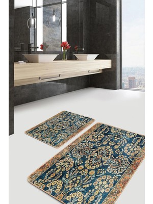 Rem Home Remhome Mavi Zeminde Kilim Motifli Geometrik Desenli Vintage Avangarde 2'li Banyo & Mutfak Paspas Takımı Takım Banyo Paspası
