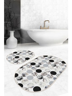 Rem Home Remhome Oval Mermer Motifleri Dijital Baskılı 2'li Oval Kaymaz Tabanlı Banyo & Mutfak Paspas Takımı Takım Banyo Paspası